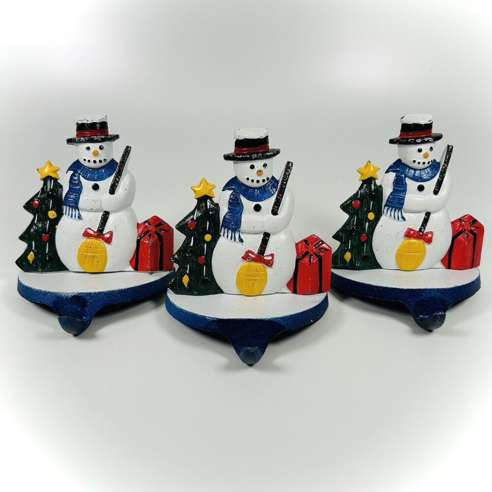 Vtg 1990 Lillian Vernon Snowman Xmas Cast Iron Stocking Hanger Holder Set of 3